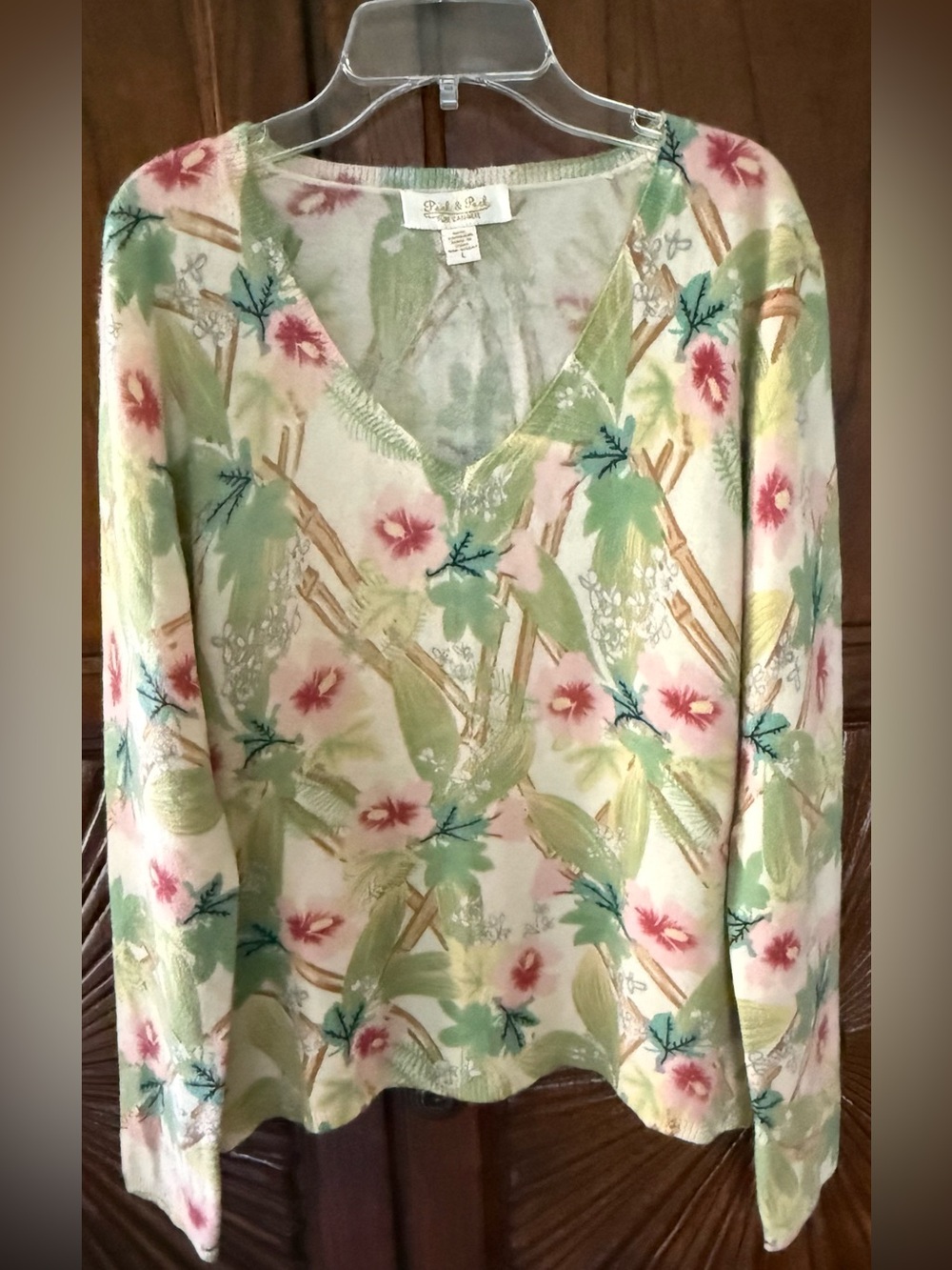 Peck & Peck Pure Cashmere V-Neck Floral Knit Sweater - Size L
